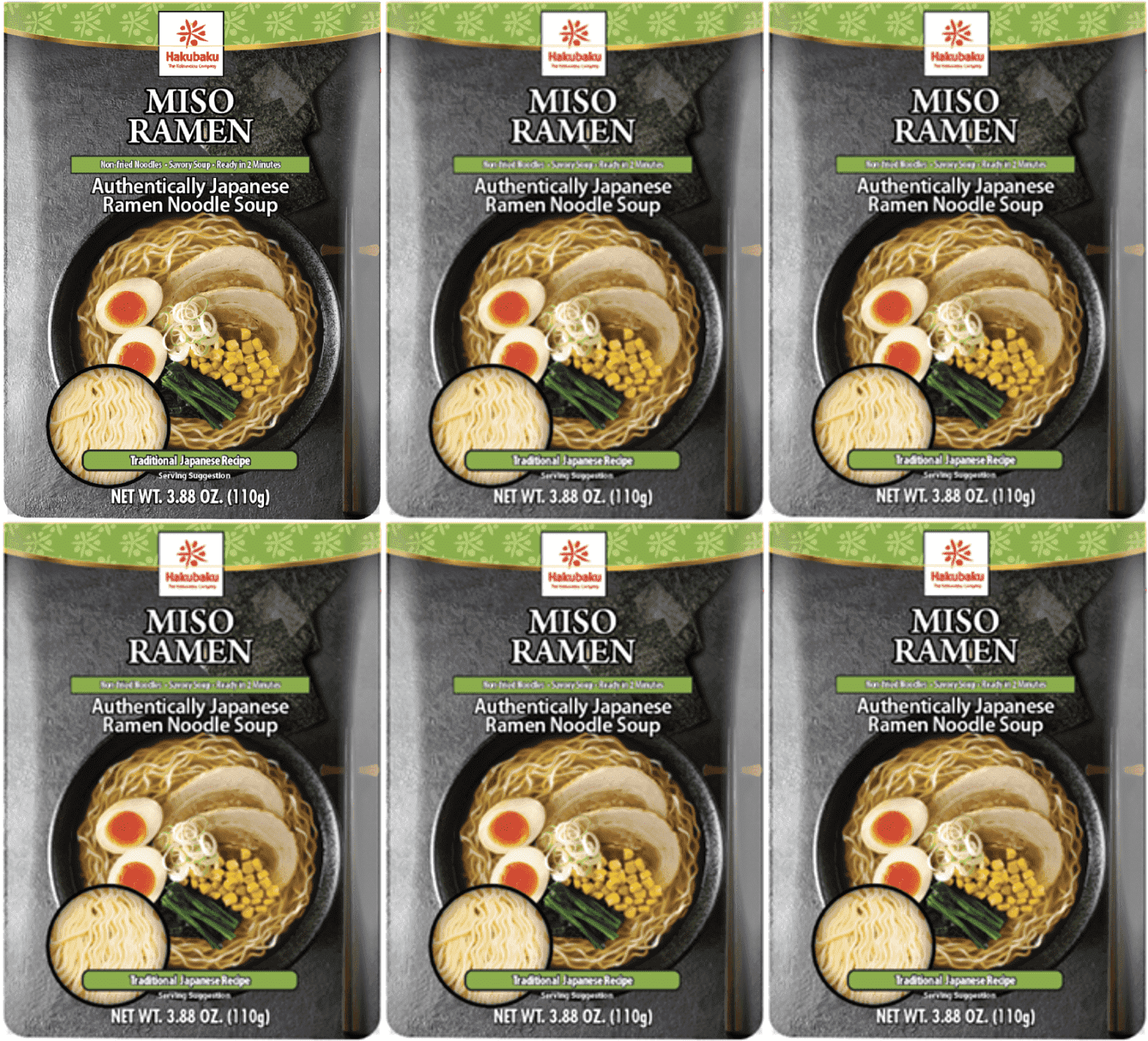 Hakubaku Authentic Japanese Ramen Noodle Soup, Miso, 3.88 oz, Pack of 6