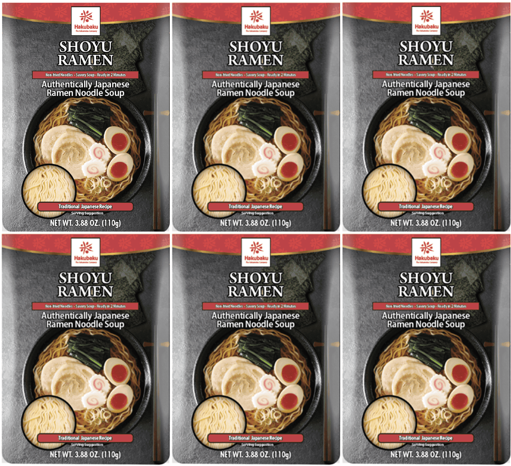 Hakubaku Authentic Japanese Ramen Noodle Soup, Shoyu, 3.88 oz, Pack of 6