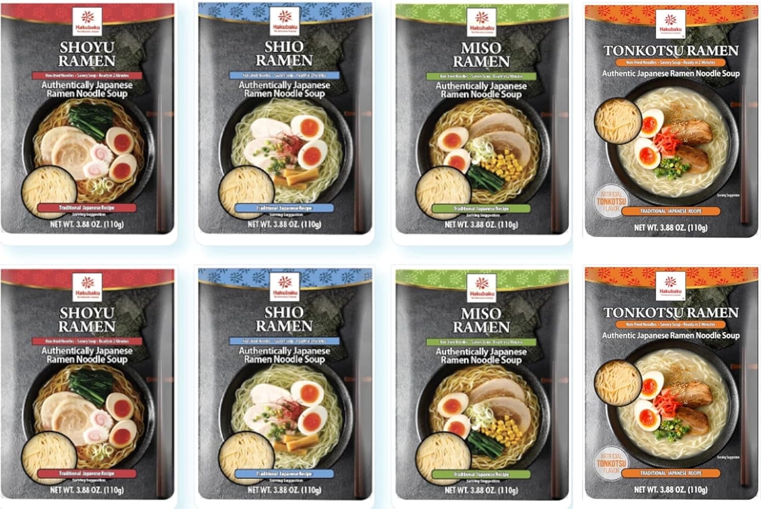 Hakubaku Authentic Japanese Ramen Noodles Variety Pack, 8 Pouches Shio, Shoyu, Tonkotsu, Miso
