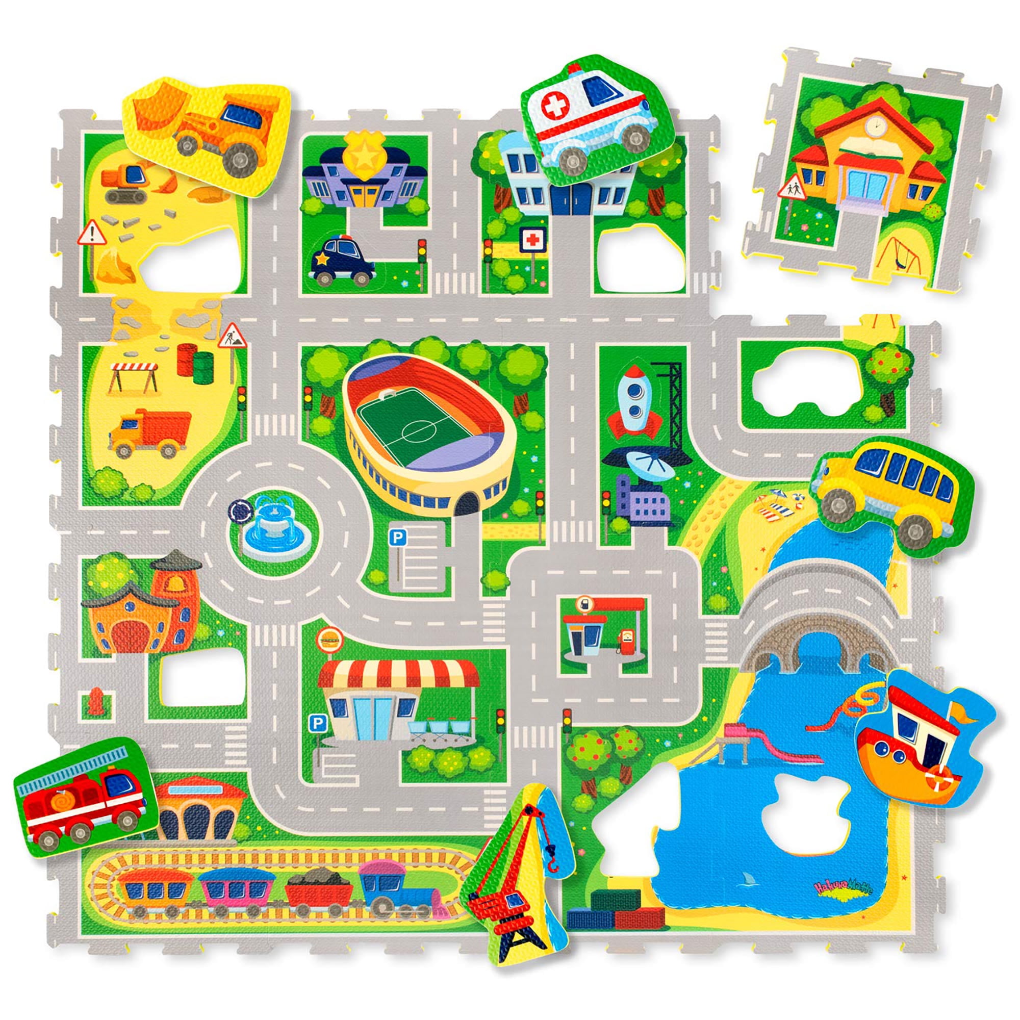Hakuna Matte: Stylish Baby Play Mat: Car - 47x47", 16 Foam Floor Tiles W/ Removable Shapes, Street Vehicle Design, Thick Puzzle Mat, Crawling-Playtime