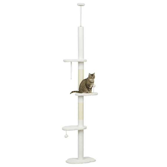 Hakunofo 100.5" White Floor to Ceiling Cat Tree, Particle Board Construction, Scratching Posts, Top Perch, Hanging Toy, Indoor Cat Activity Furniture for Climbing, Scratching, Lounging and