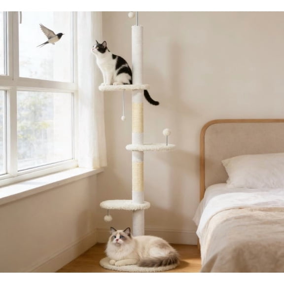 Hakunofo 100.5" White Floor to Ceiling Cat Tree, Particle Board, Teddy Fabric Construction, Scratching Posts, Top Perch, Hanging Toy, Indoor Cat Activity Furniture for Climbing, Scratching,