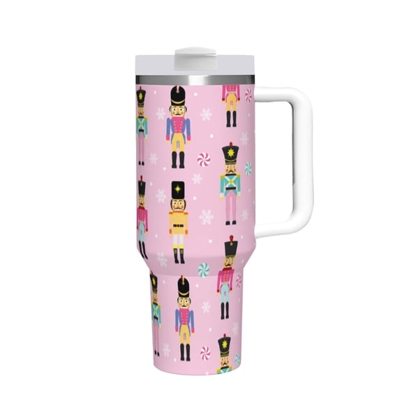 Hakunofo 40 oz Pink Nutcracker Christmas Tumbler with Handle Straw and Lid, Stainless Steel Travel Coffee Cup for Christmas Gift Home Office