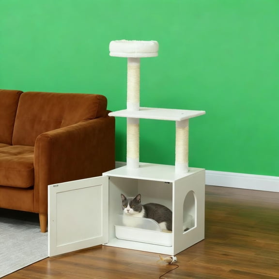 Hakunofo 49.2" White Cat Tree with Litter Box Enclosure, MDF, Polyester Construction, Litter Box Enclosure, Scratching Posts, Cozy Condo, Storage Shelf, Indoor Cat Activity Furniture for