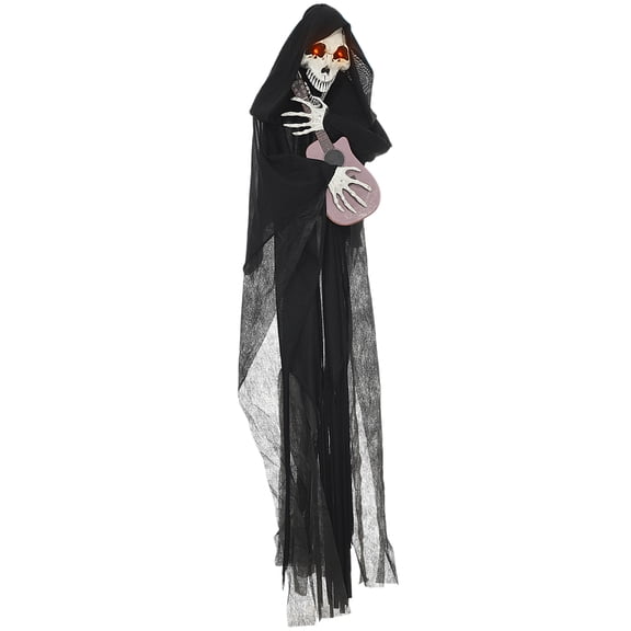 Hakunofo 51 in Animated Grim Reaper Halloween Decoration, Motion Sound Activated Guitar Playing Reaper Prop with Light Up Red Eyes, Battery Powered Polyester Halloween Decor for Covered Porch Party