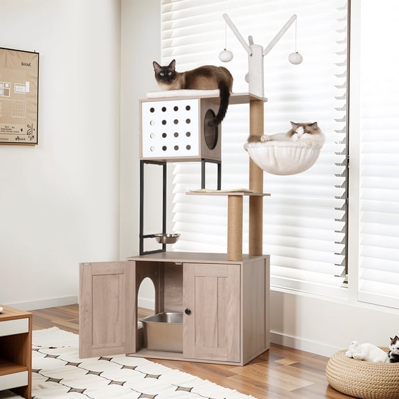 Hakunofo 65.3" White And Gray Cat Tree with Litter Box Enclosure, Particle Board, MDF Construction, Litter Box Enclosure, Scratching Posts, Cozy Condo, Hanging Toy, Indoor Cat Activity Furniture