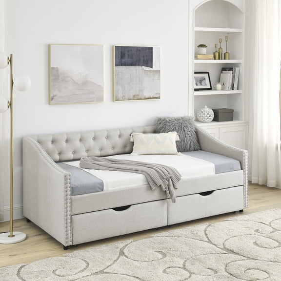 Hakunofo Convertible Futon Sofa Bed, Beige Linen, convertible futon sofa bed sleeper couch guest room living room furniture, for Home Apartment, Space Saving Organizer, Practical Gift for