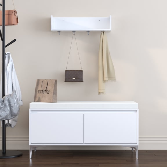 Hakunofo Hall Tree with Storage Bench, Entryway Coat Rack Organizer, Off White, 39.37 x 15.75 x 19.49 in, for Entryway Hallway Mudroom, Coat Rack Shoe Storage Organizer, Home