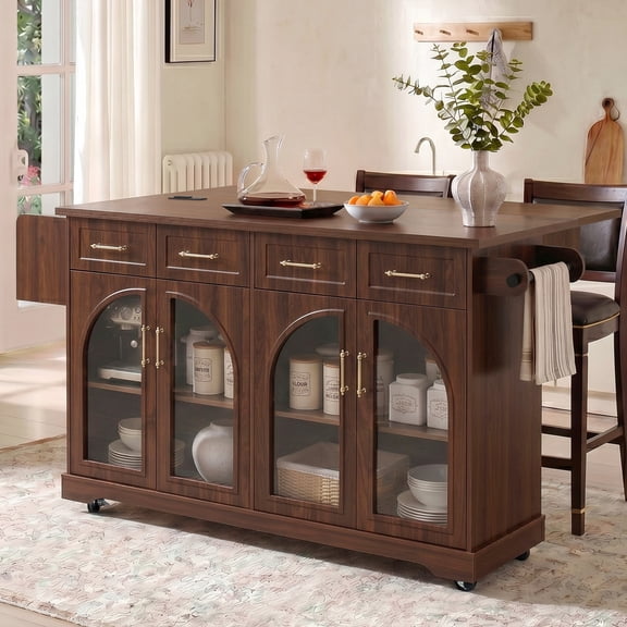 Hakunofo Kitchen Island with Storage, Walnut Brown Particle Board+MDF, 65.16 x 29.53 x 37.01 in, kitchen island table storage cabinet dining room organizer workstation, for Home Apartment