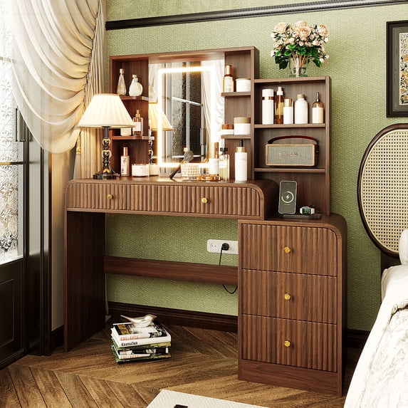 Hakunofo Makeup Vanity Desk with Lighted Mirror, Espresso, 47.4 x 14.96 ...