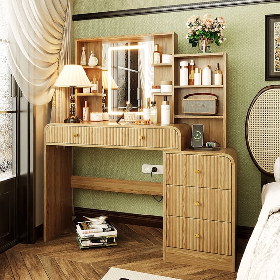 Hakunofo Makeup Vanity Desk with Lighted Mirror, Natural, 47.4 x 14.96 ...