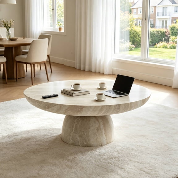 Hakunofo Mushroom Coffee Table, Fiberglass Center Table for Living Room, Beige+White, 34.64 x 34.64 x 13.78 in, Modern Cocktail Table, Sofa Accent Table, Living Room Furniture