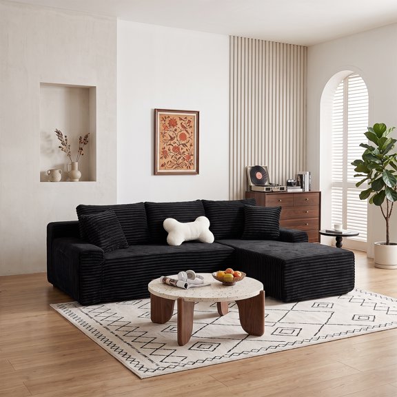 Hakunofo Sectional Sofa Couch, Black Corduroy, sectional sofa couch living room seating modular corner deep seat furniture, for Home Apartment, Space Saving Organizer, Practical Gift for