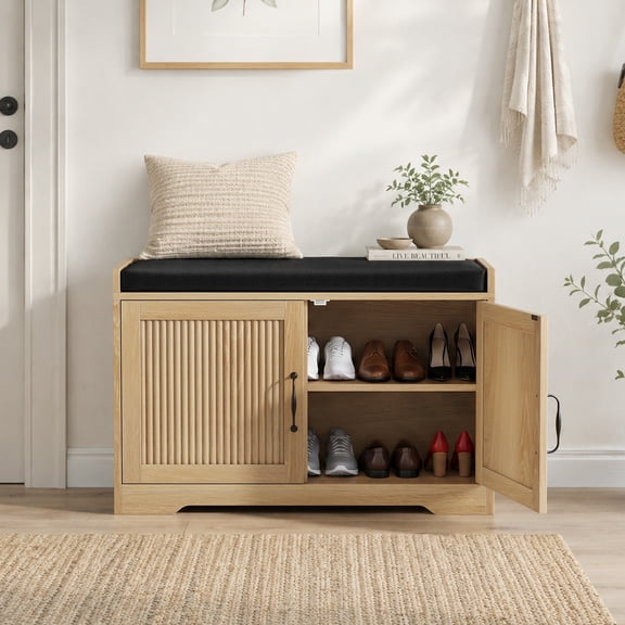 Hakunofo Shoe Storage Cabinet Bench, Entryway Organizer with Seat, Oak, 31.5 x 13.8 x 20.5 in, for Entryway Hallway Mudroom, Shoe Organizer Storage Furniture, Space Saving Shoe Rack Cabinet