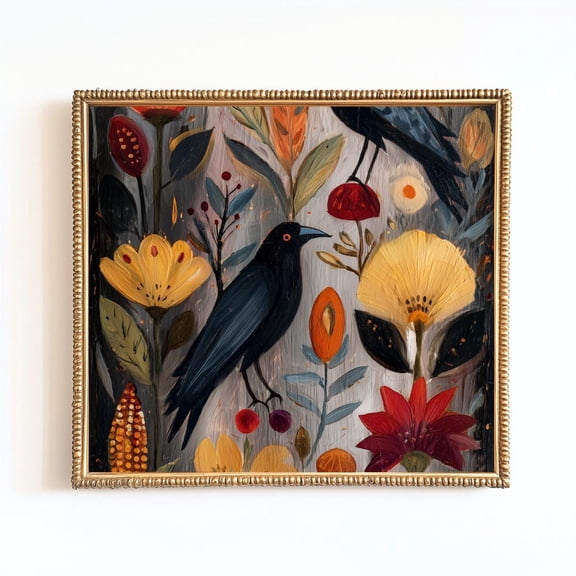 Hal.Low.Een Wall Art Dark Gothic Moody Crow Hal.Low.Een Floral Print Vintage Botanical Fall Art