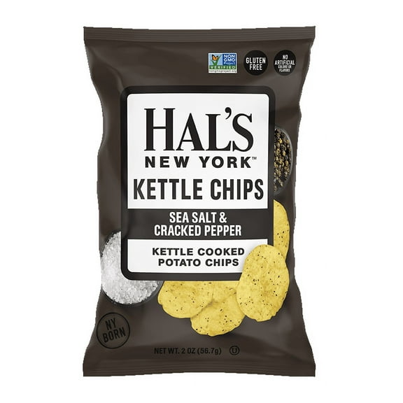 Hal's NY Kettle Cooked Potato Chips, Sea Salt & Cracked Pepper, 2 oz Bags (Pack of 24)