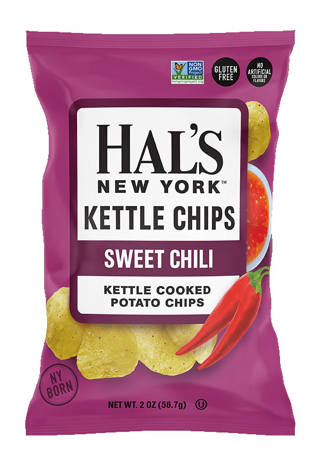 Hal's NY Kettle Cooked Potato Chips, Sweet Chili, 2 oz Bags (Pack of 24)