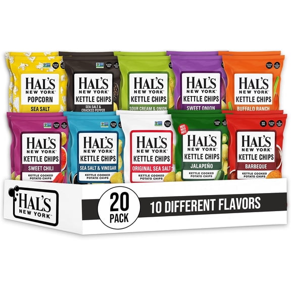 Hal's New York Kettle Cooked Potato Chips, Gluten Free, 10 Flavor Variety Pack, 2 oz (Pack of 20)