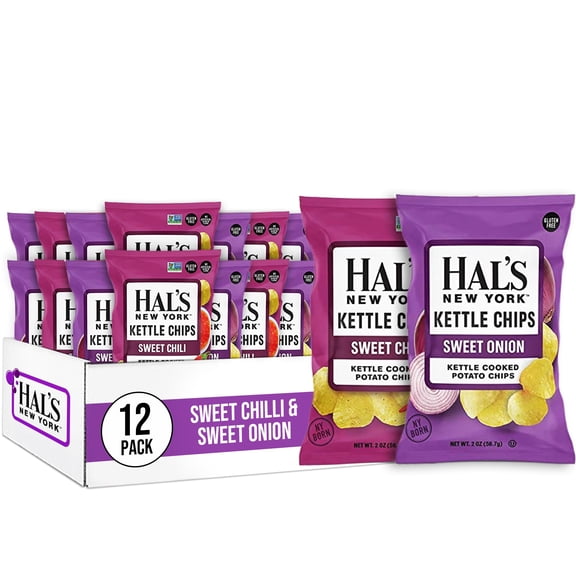 Hal's New York Kettle Cooked Potato Chips, Sweet Variety, Sweet Onion & Sweet Chili, 2 Oz (Pack of 12)