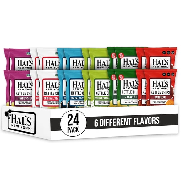 Hal's New York Kettle Cooked Potato Chips, Variety Pack, 6 Flavors, 2 Oz (Pack of 24)