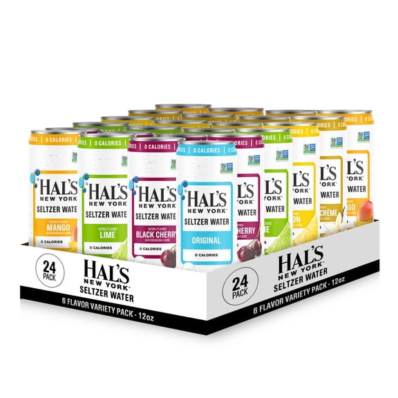 Hal's New York, Seltzer Water, 6 Flavor Variety Pack, 12 Fl Oz Slim Cans (Pack of 24)