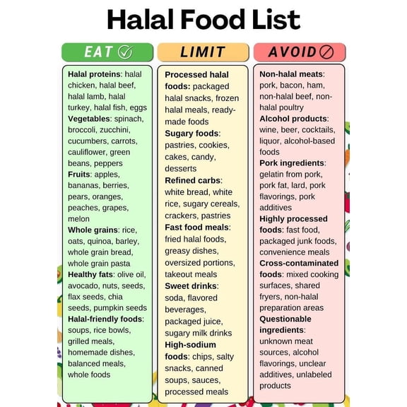 Halal Food List poster Halal Foods Chart, Halal Grocery List, Halal Meal Ideas, Muslim Friendly Foods List, Halal Ingredient Poster