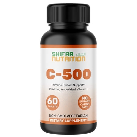 SHIFAA NUTRITION Vitamin C Supplement, Halal Tablets with Rose Hips, 500mg, 60 Ct – Supports Immune & Seasonal Health