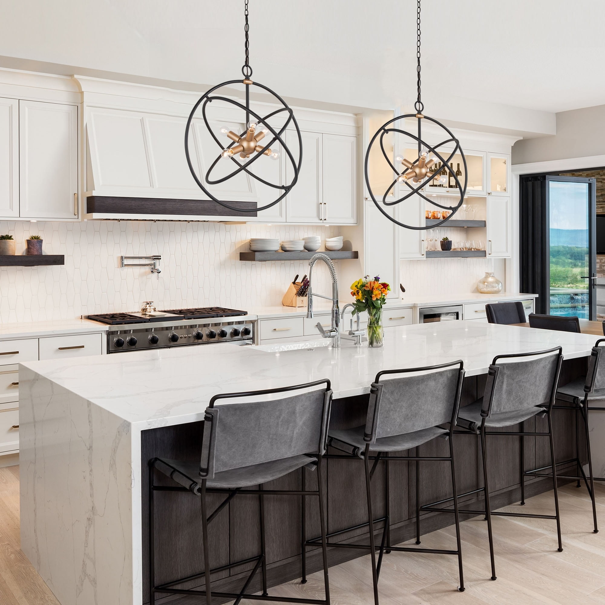 Matte Black and Brass Sputnik Chandelier with 6 Lights