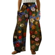 Halara Pants Women Straight Leg Workout Girdle Flowers Print Trousers Waist Printing Boho Daily Ritual Pants Beach Long Comfortable Trendy Pants Brown,XL
