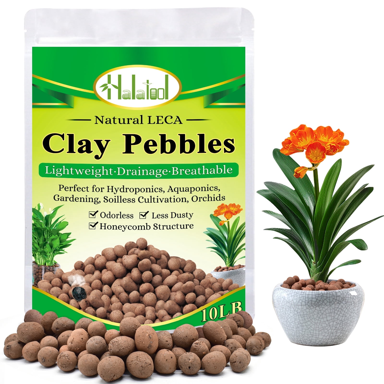 Halatool 10 LB Natural Expanded Clay Pebbles for Plants 4mm-16mm Clay Balls 100% Organic Hydroton Leca Balls for Indoor Plants Hydroponic Growing Gardening Orchids Drainage Decoration Aquaponics