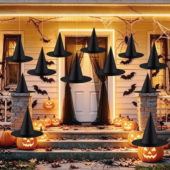 Halatool 12Pcs Halloween Black Hanging Witches Hat with 98 feet Hanging Rope,Halloween Accessories Floating Hat for Party Indoor Outdoor Decoration(L)