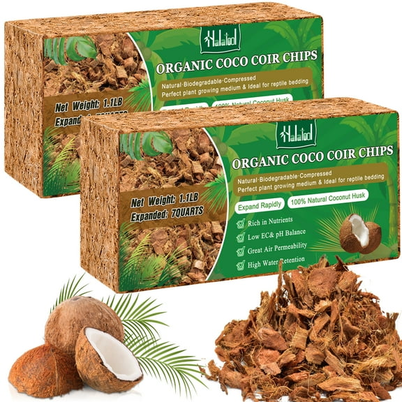 Halatool 2 Pcs Coconut Coir Chips for Plants - 2.2 LB 100% Organic Coco Husk Chip Bricks with Low EC and pH Balanced, Compressed Coco Substrate Growing Mulch Medium for Garden Herbs, Plants, Flowers