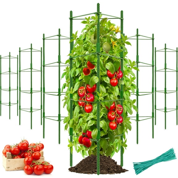 Halatool 6 Pack Green Tomato Cages, Up to 63in(5.2FT) Adjustable Tall Tomato Plant Support, Garden Stakes Tomato Trellis for Pots & Vegetables Flowers
