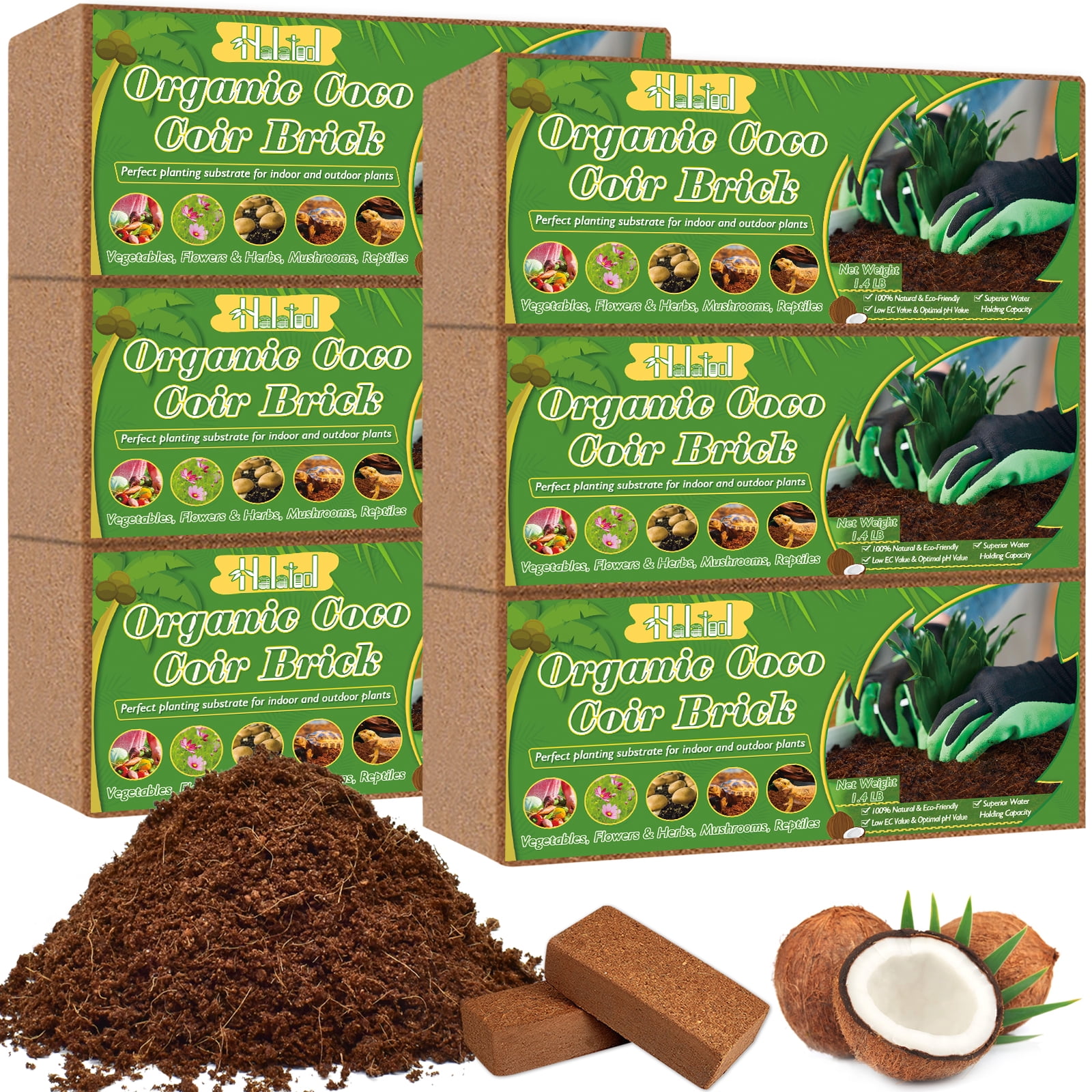Halatool 6PCS Organic Coconut Coir Bricks Compressed Coco Coir Brick Nutrient Garden Soil with Low EC & pH Balance Premium Starting Soil Coconut Fiber Substrate for Plants Flowers Reptiles