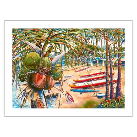 Halau Wa’a Ma Ke Ala Wai - Hawaiian Honolulu Canoe (Wa’a) Club - From an Original Hawaii Watercolor Painting by Peggy Chun - Bamboo Fine Art 290gsm Paper (Unframed) 12x16in