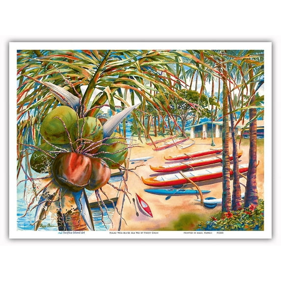 Halau Wa’a Ma Ke Ala Wai - Hawaiian Honolulu Canoe (Wa’a) Club - From an Original Hawaii Watercolor Painting by Peggy Chun - Master Art Print (Unframed) 9in x 12in