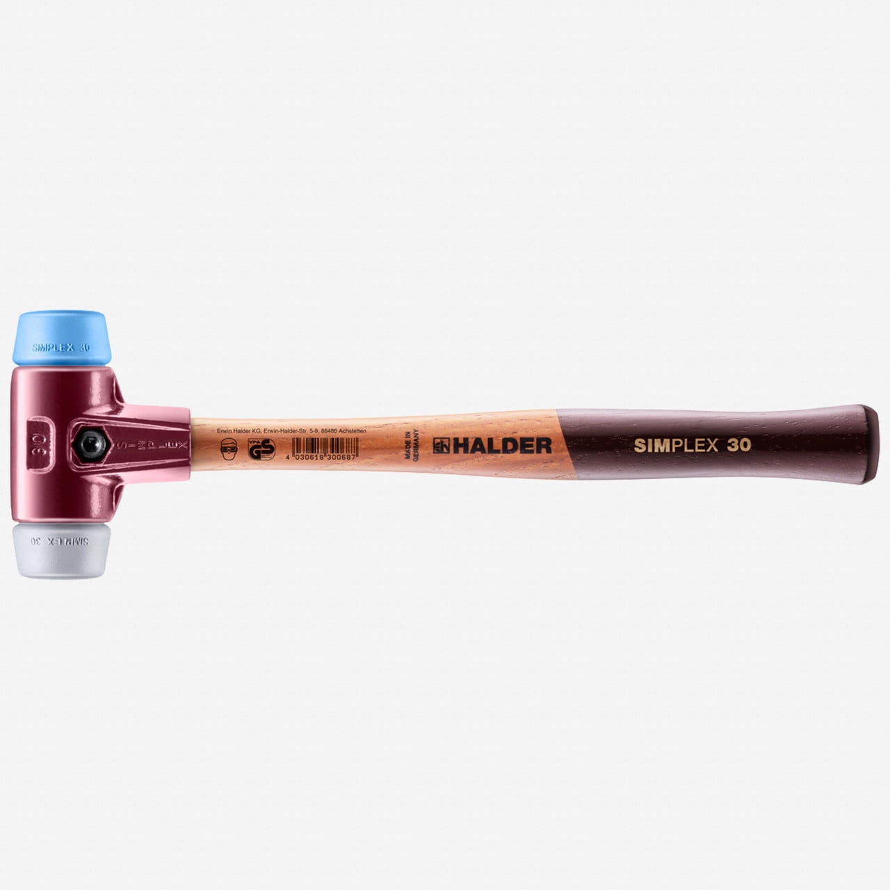 Halder Simplex Mallet with Soft Blue Rubber/Grey Rubber Inserts and Cast Iron Housing, 1.18" / 11.99 oz.