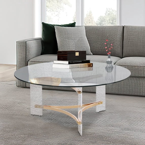 Hale 41 Inch Round Coffee Table Glass Top Acrylic Legs Clear Gold