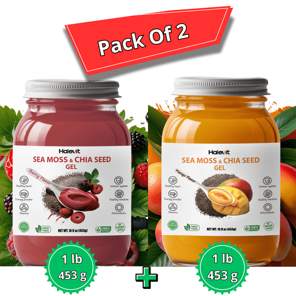 Halevit | Irish Sea Moss Gel | Sea Moss, Chia Seeds, Berry, Mango | Pack Of 2 Jars | Made In USA