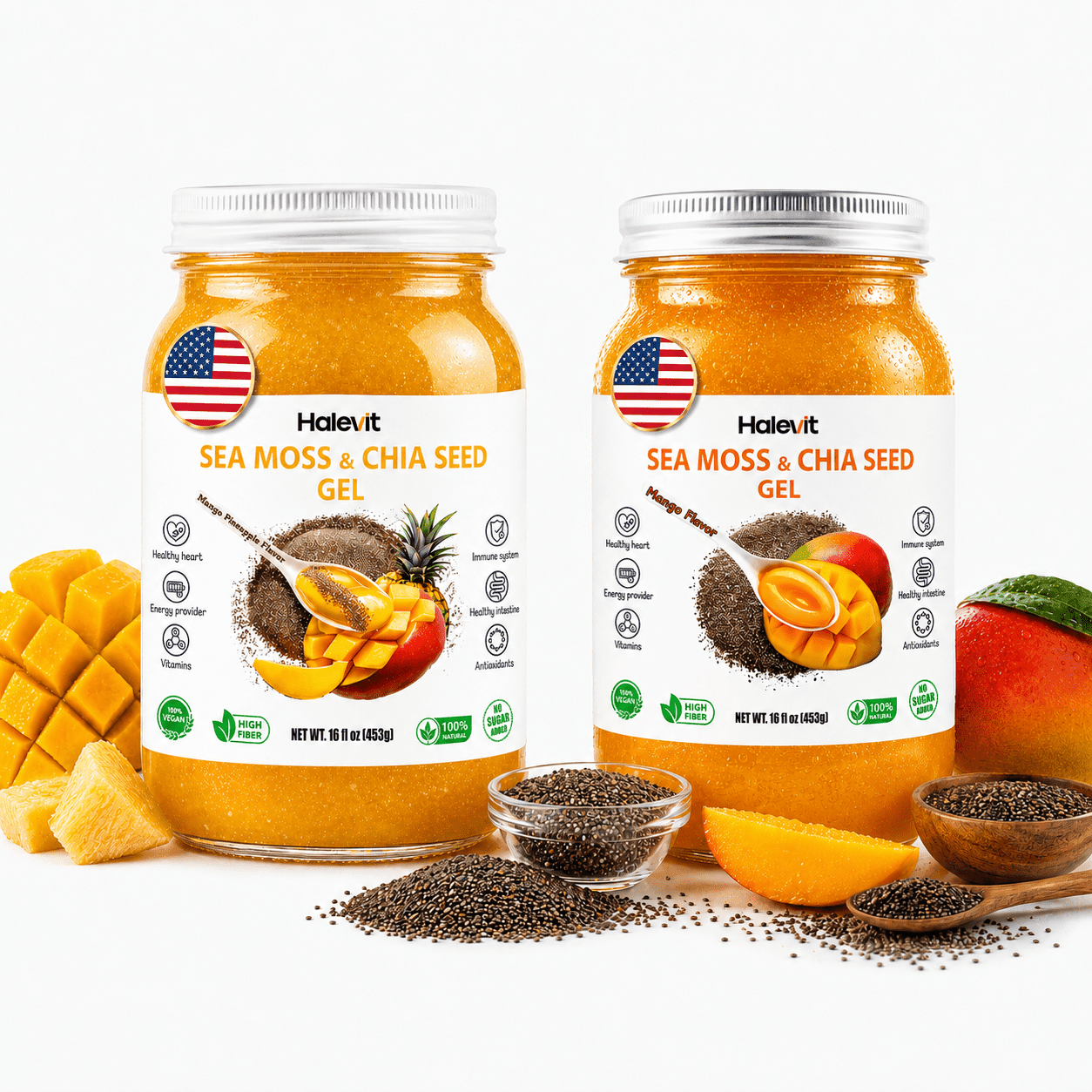 Halevit | Irish Sea Moss Gel | Sea Moss, Chia Seeds, Mango, Mango - Pineapple | Pack Of 2 Jars | Made In USA
