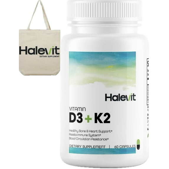 Halevit Vitamin D3+K2 with BioPerine | Vitamin D3 with Calcium | 5000 IU of D3 for Optimal Calcium Absorption | 100 mcg of Vitamin K2 | Easy to Swallow | Immune Health Support + Cotton Bag