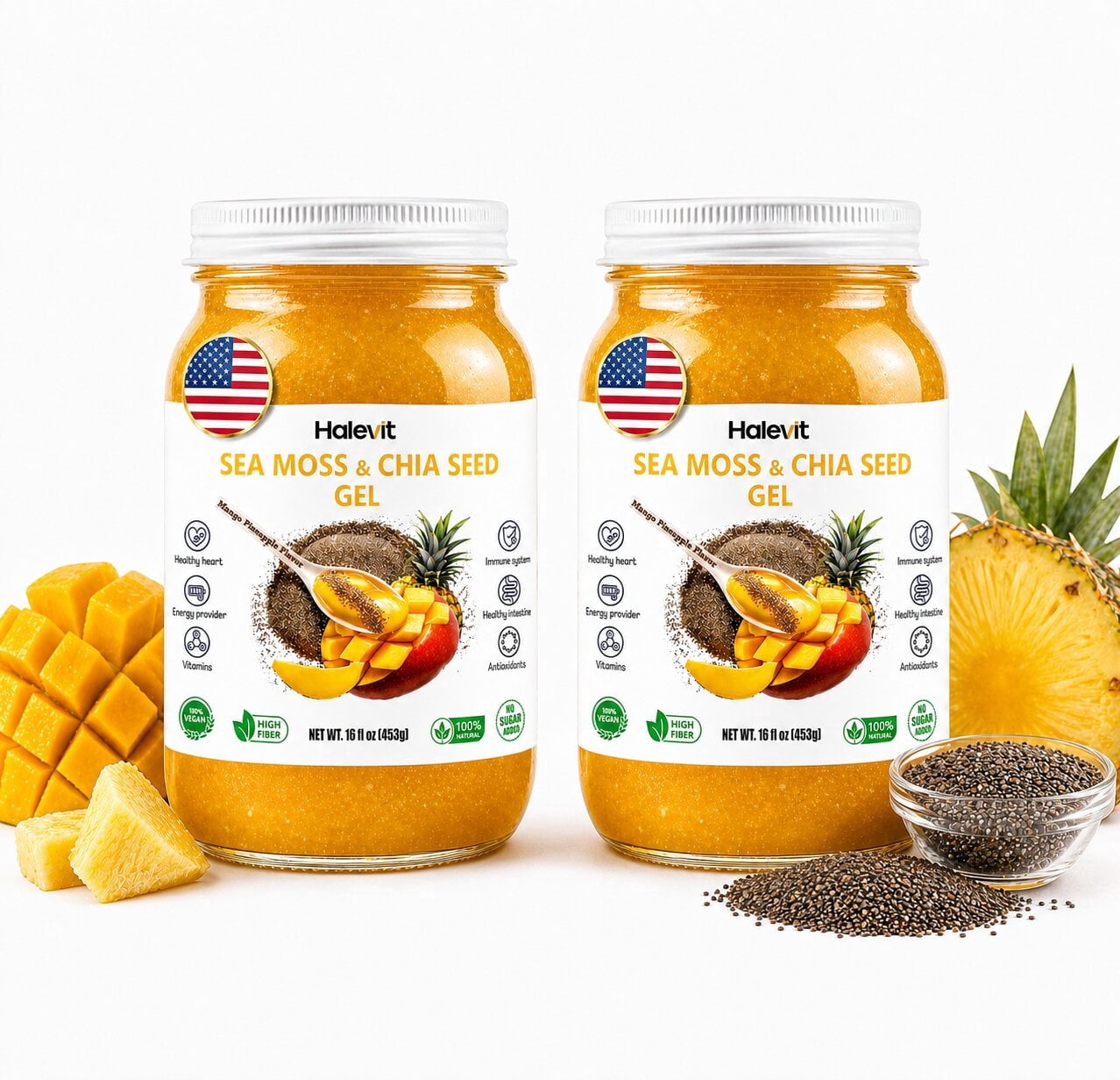 Halevit Wildcrafted Irish Sea Moss Gel, Chia Seed, Mango Pineapple, Raw Supplement Made in USA , 32 Oz, 2-Pack