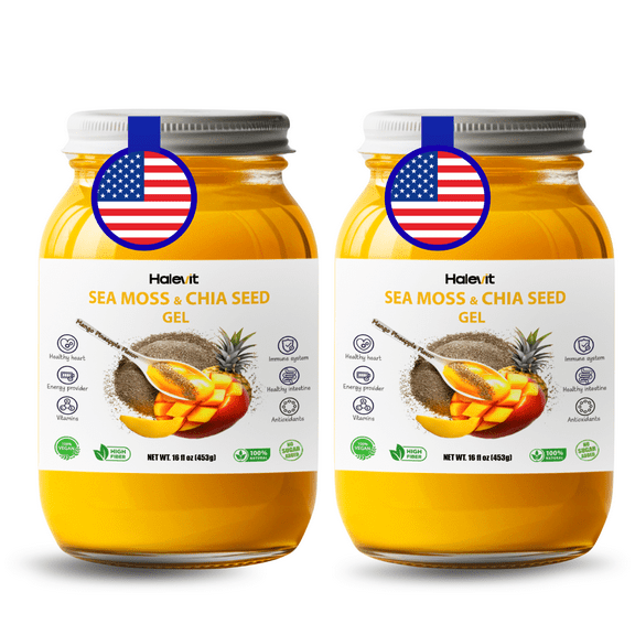 Halevit Wildcrafted Irish Sea Moss Gel, Chia Seed, Mango Pineapple, Raw Supplement Made in USA , 32 Oz, 2-Pack