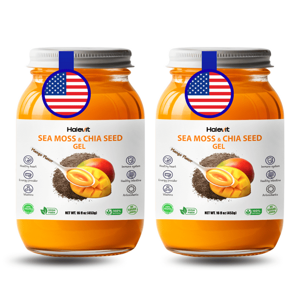 Halevit Wildcrafted Irish Sea Moss Gel Raw Sea Moss Supplement,Chia Seed,Mango Flavor, 32 Oz, Made in USA, 2-Pack