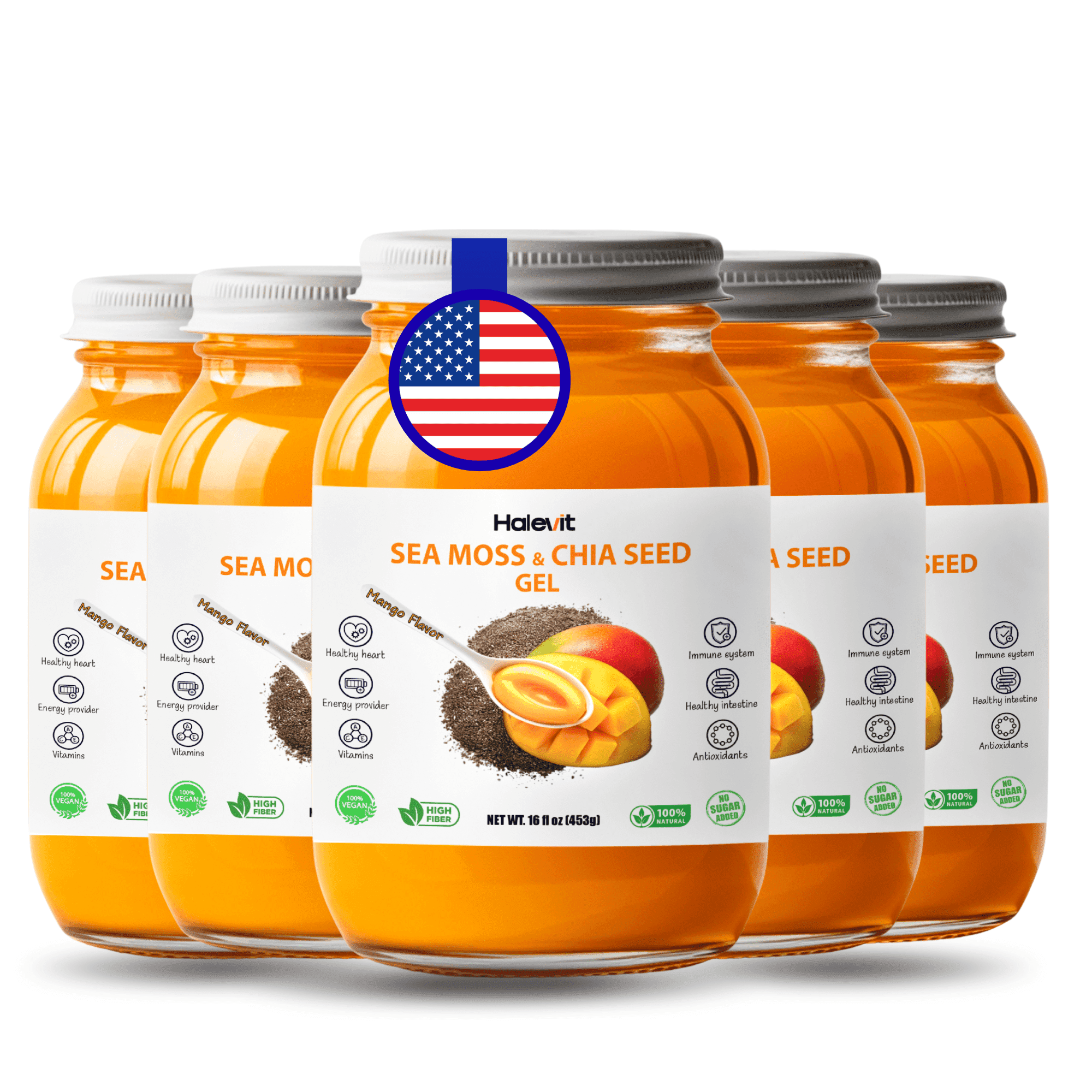 Halevit Wildcrafted Irish Sea Moss Gel Raw Sea Moss Supplement,Chia Seed,Mango Flavor, 80 Oz, Made in USA, 5-Pack