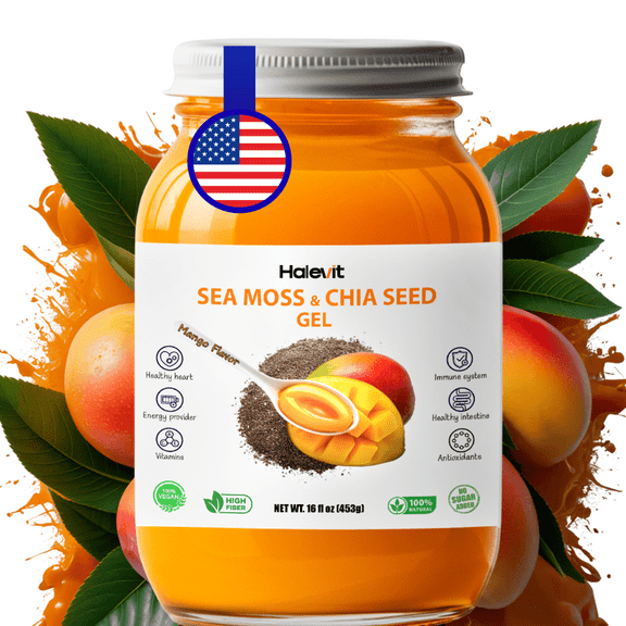 Halevit Wildcrafted Irish Sea Moss Gel Raw Sea Moss Supplement,Chia Seed,Mango Flavor, 16 Oz, Made in USA