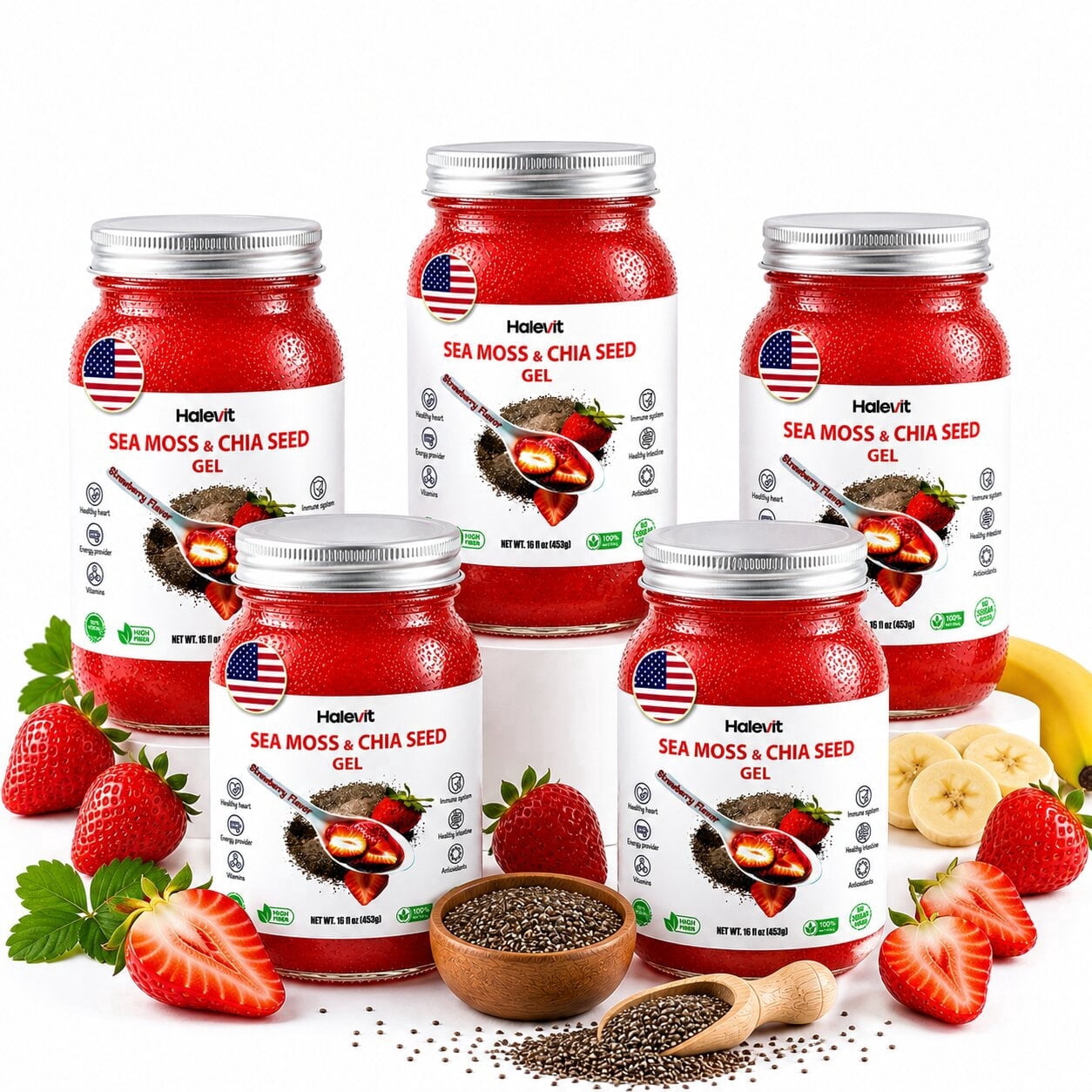 Halevit Wildcrafted Irish Sea Moss Gel | Sea Moss, Chia Seeds, Strawberry | 16 Oz | Made in USA | 80 oz | 5-Pack