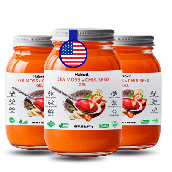 Halevit Wildcrafted Irish Sea Moss Gel | Sea Moss, Chia Seeds, Strawberry, Banana | 48 Oz| Made in USA | 3-Pack