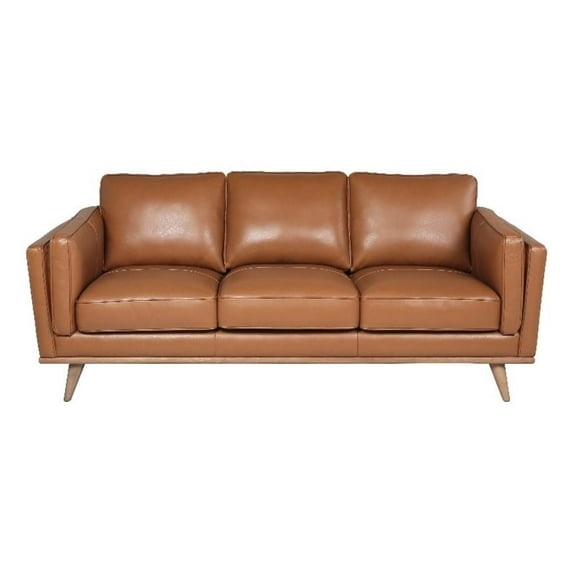 Haley Mid Century Modern Light Brown Colored Leather Sofa With Wood Base