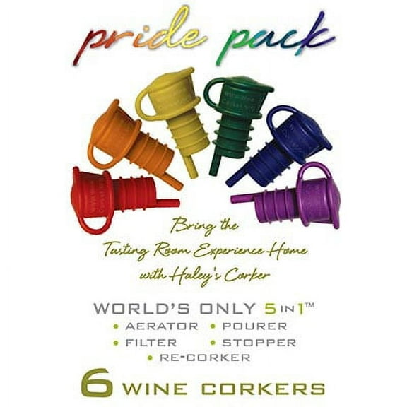 Haley's Corker Rainbow Pride Pack - 6 Pack - Green Srewcap, Original Red, Grape, Blue, Yellow and Orange 5-in-1 Wine Corker